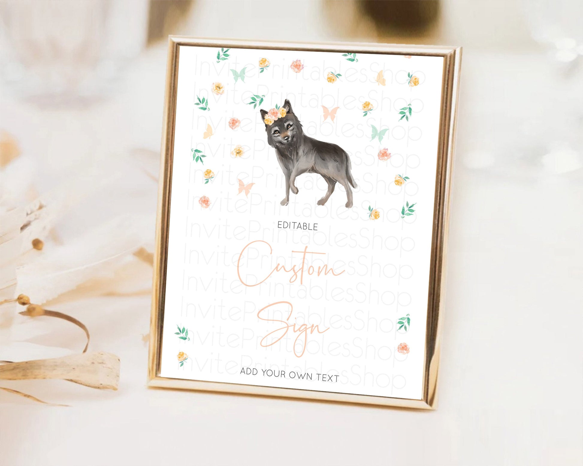 Editable Wolf Sign Wolf Table Sign Decor Pastel Floral Wolf Party Forest Adv