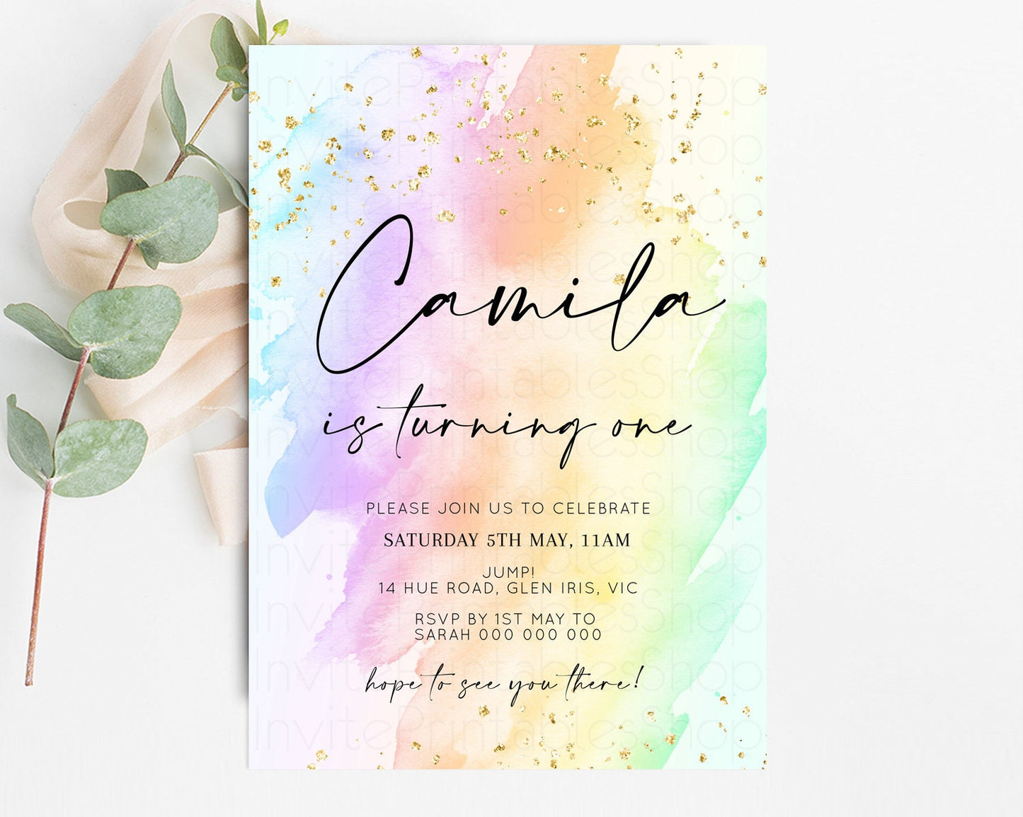 Rainbow Birthday Invitation Glitter Pastel Invitation Colorful Watercolor Gold Foil Splatter Sprinkle Ombre 1st 2nd 3rd Birthday Invite t602