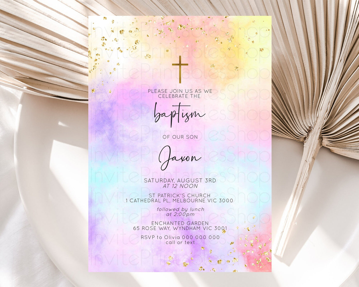 Pastel Baptism Invitation Pastel Colors Watercolor Baptism 1st Birthday Party Gold Ombre Pastel Rainbow Christening Holy Communion D10438