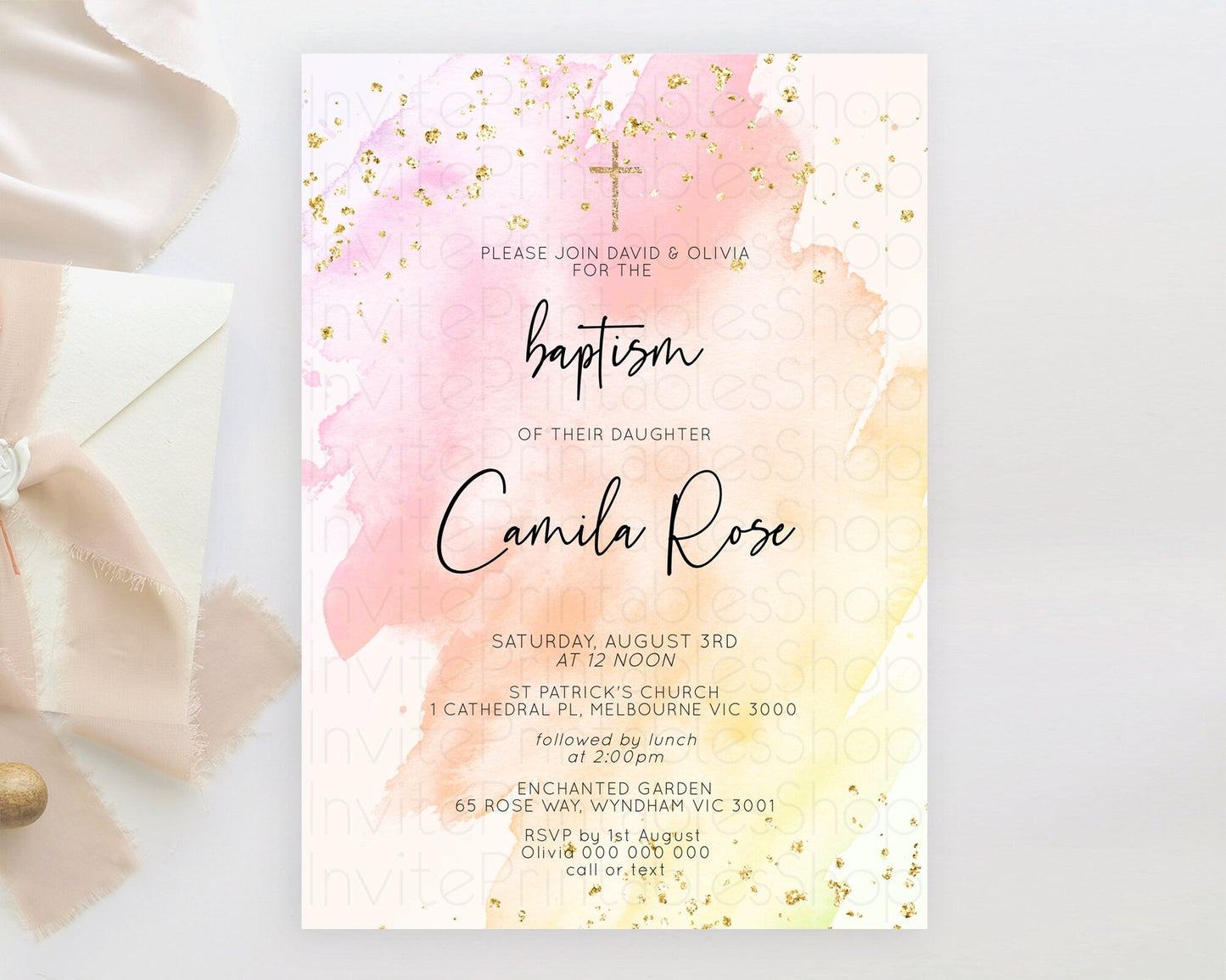 Pink Baptism Invitation Pink Watercolor Baptism 1st Birthday Invitation Pastel Pink Watercolor Christening Invite Pink Splash D10167