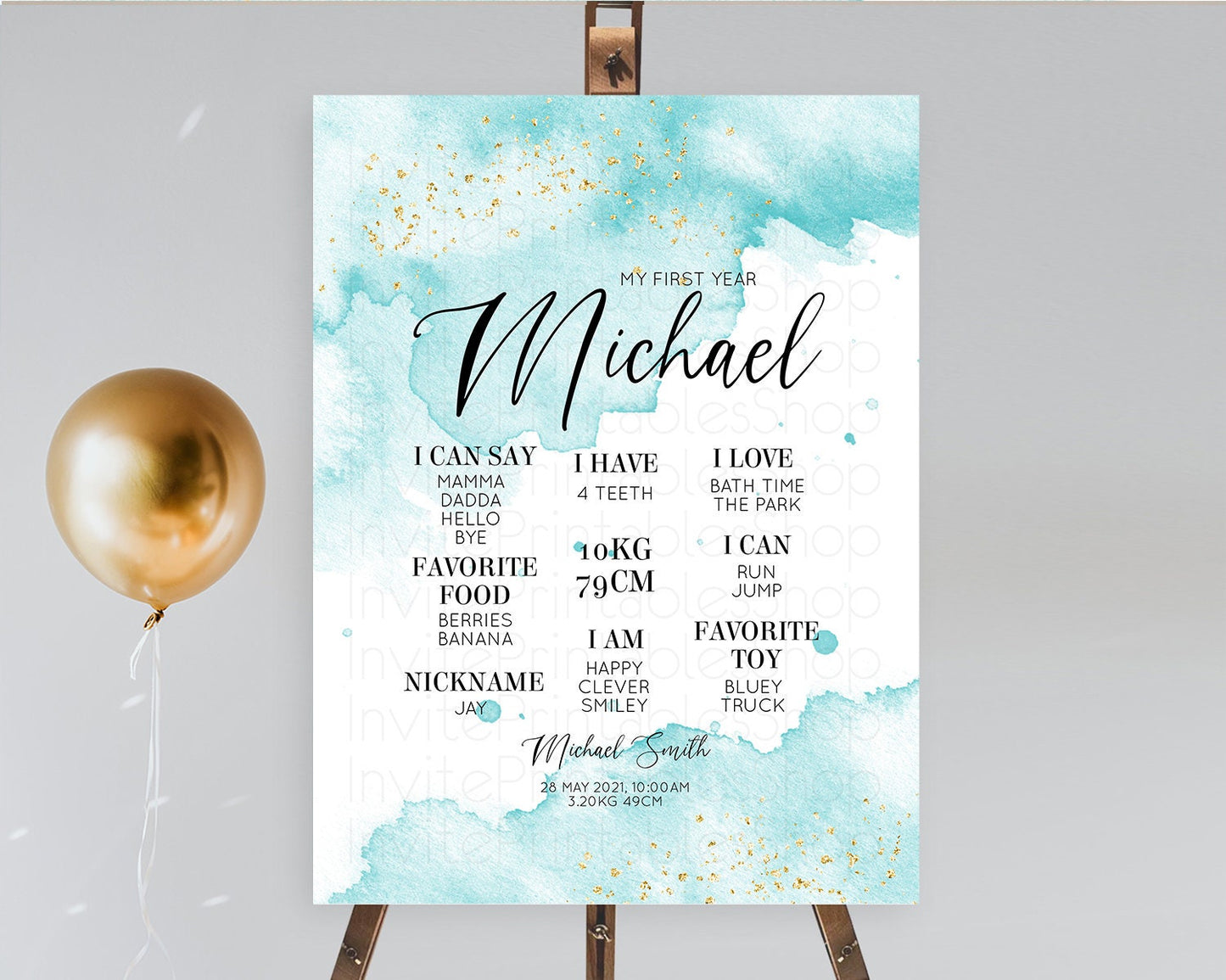 Blue First Birthday Milestone Poster Blue Watercolor Milestone Board Pastel Blue Watercolor Splash Milestone Board 1st Birthday Sign D10329