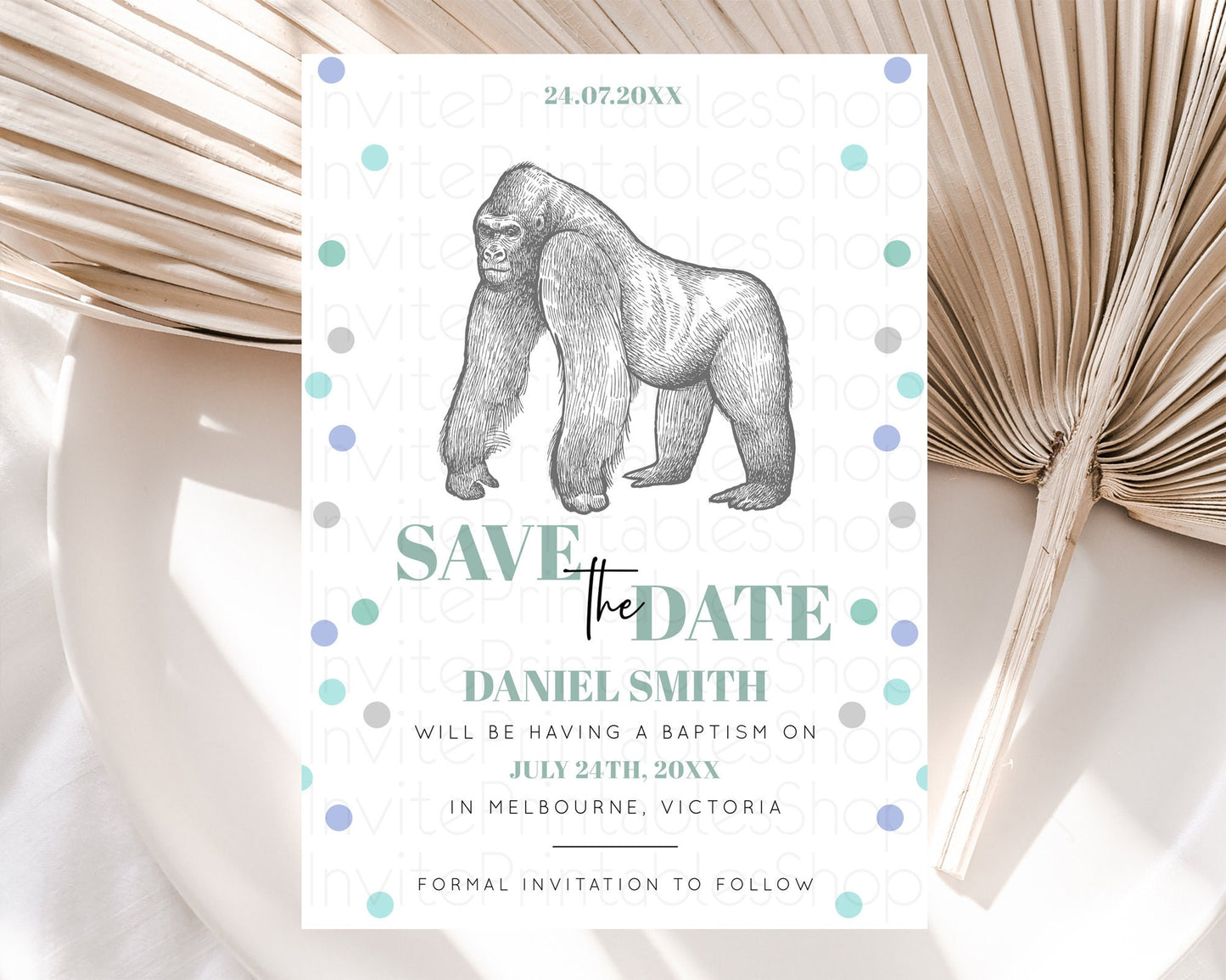 Gorilla Save The Date Template Gorilla Party Save The Date Safari Adventure Gorilla Minimal Theme 1st Birthday Baptism Baby Shower D10854