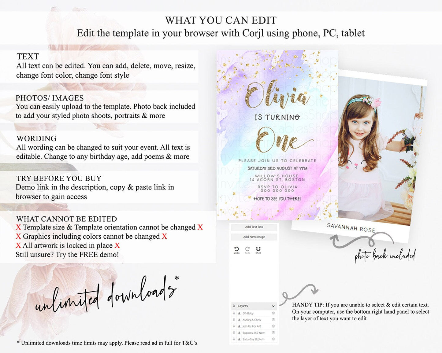 Rainbow Birthday Invitation Colorful Pastel Watercolor Invitation Gold Glitter Sprinkles Ombre Pastel 1st 2nd 3rd Birthday D23283
