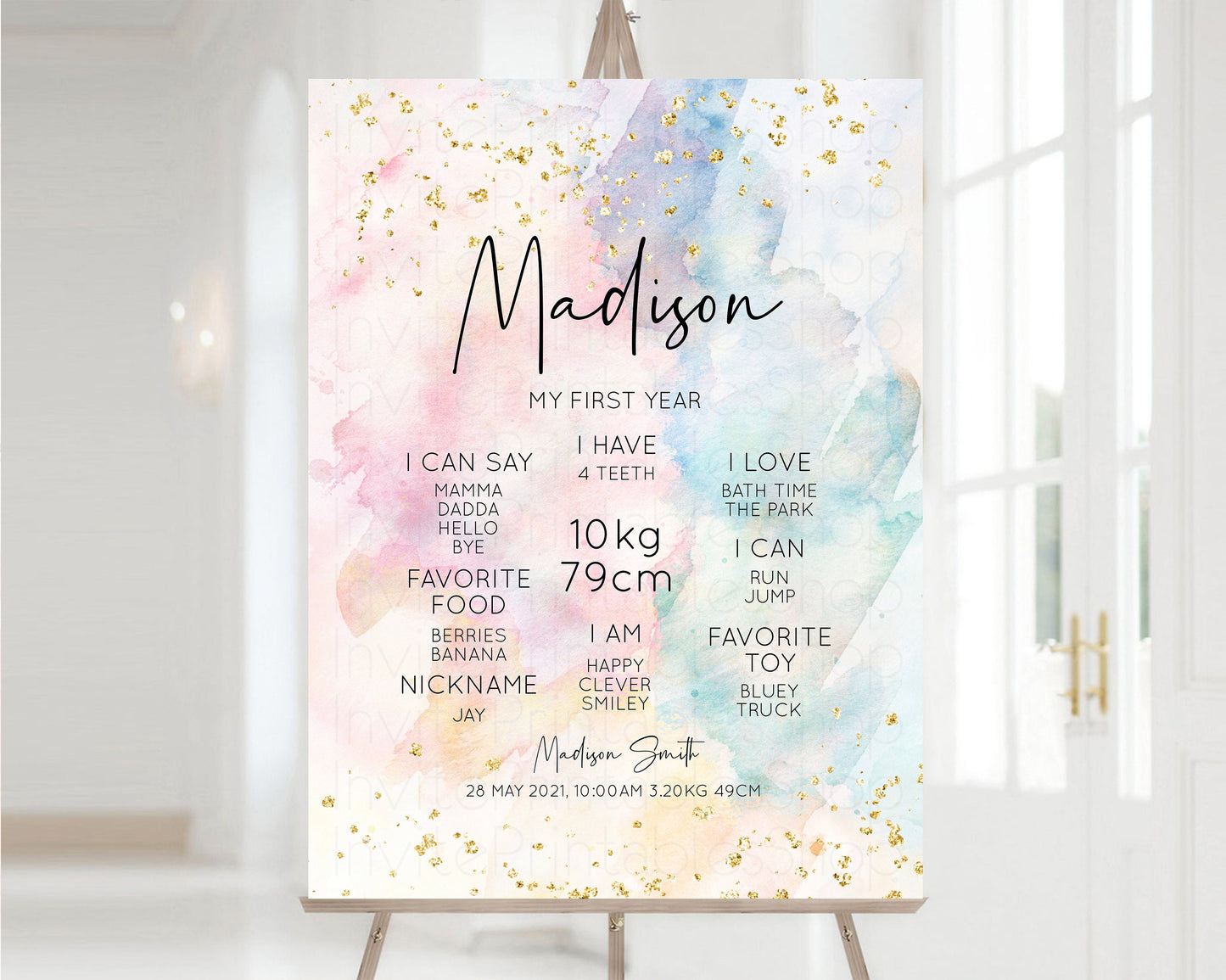 Pastel First Birthday Milestone Board Pastel Rainbow Milestone Poster Watercolor Glitter One Year Poster Colorful Splash Baby 1st Year 276