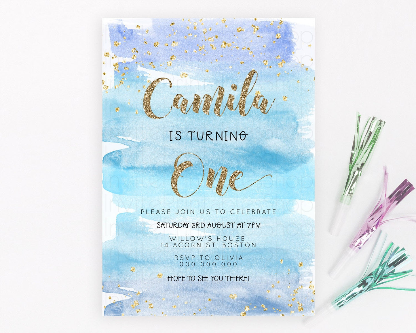 Blue Birthday Invitation Blue Watercolor Invitation Pastel Blue Watercolor Invitation Blue Splash Gold Invitation 1st First Birthday D23277