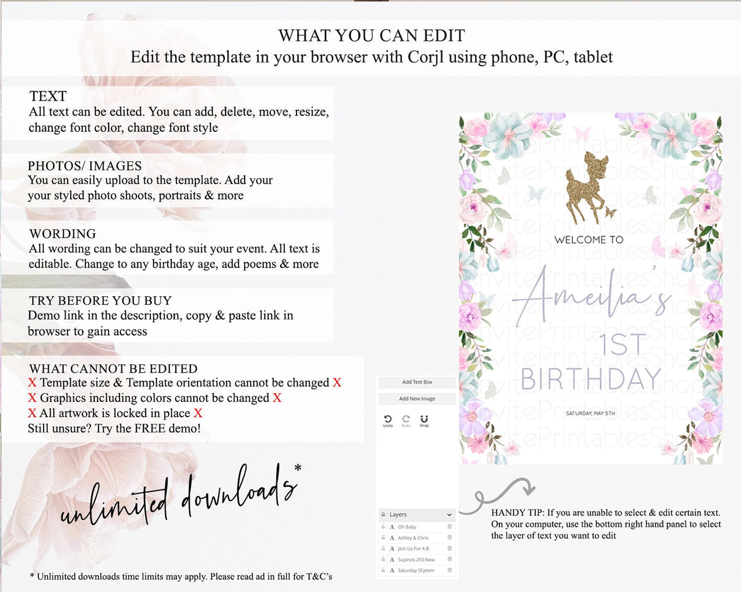 Fawn Welcome Sign Deer Welcome Board Floral Deer Welcome Poster Enchanted Forest Butterfly Pastel Floral First Birthday Welcome Sign D10476