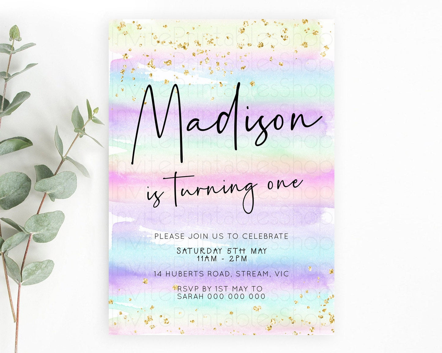 Pastel Birthday Invitation Ombre Watercolor Birthday Invitation Glitter Rainbow Color Splash 1st 2nd 3rd Birthday Invitation D23032