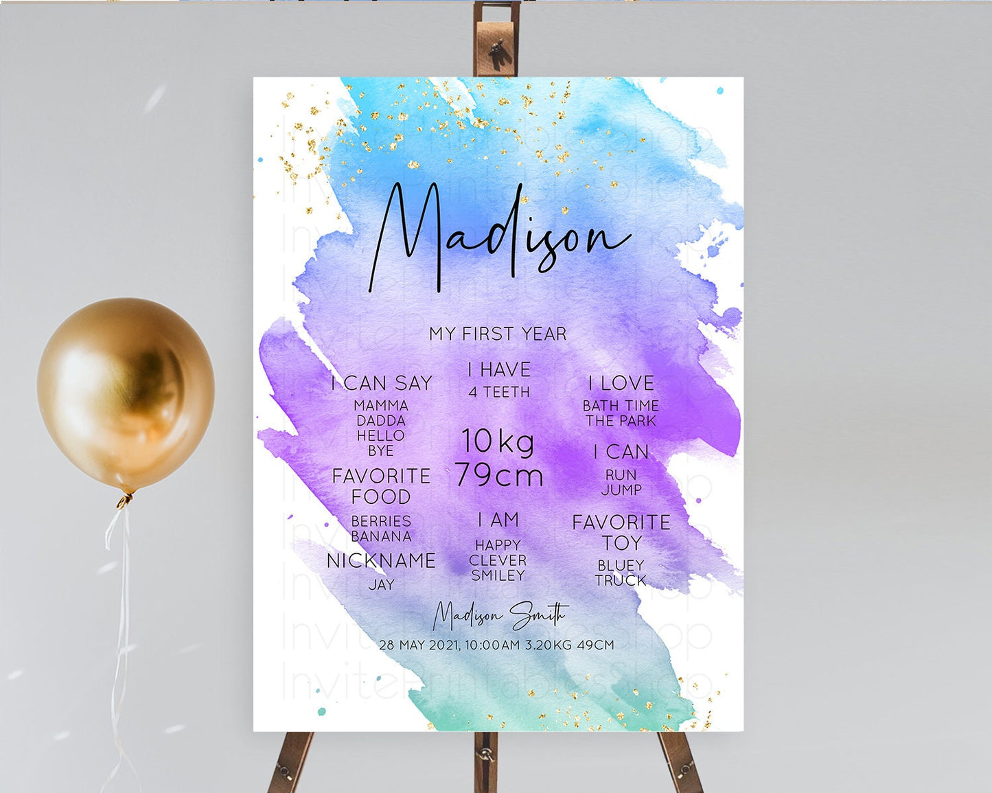 Pastel First Birthday Milestone Board Pastel Rainbow Milestone Poster Colorful Confetti Watercolor Glitter 1st Birthday Welcome Sign D10491