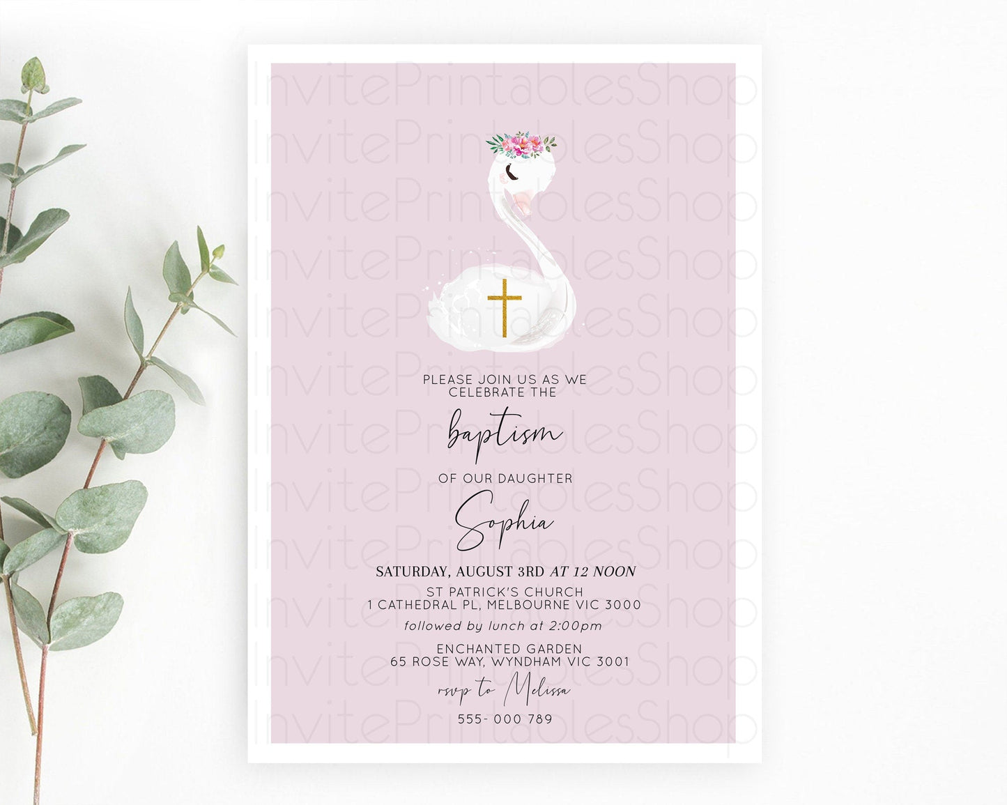 Swan Lake Baptism Invitation Swan Princess Ballet Baptism 1st Birthday Enchanted Forest Secret Garden Watercolour Pastel Floral D10758