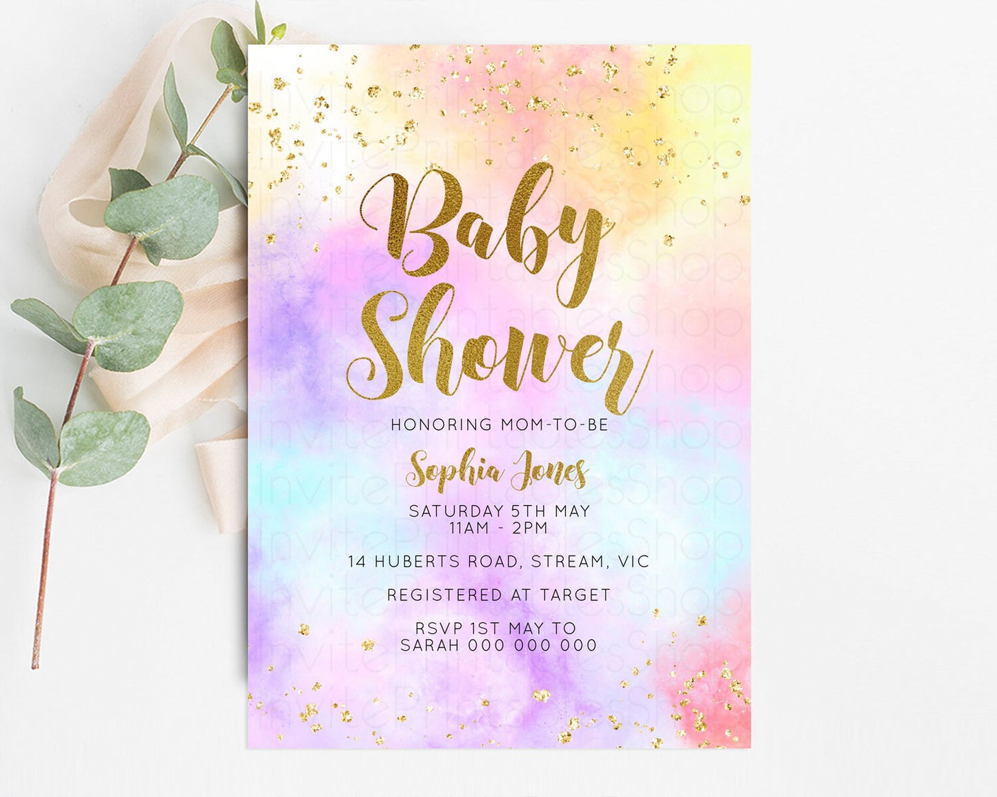 Rainbow Baby Shower Invitation Pastel Baby Sower Invitation Colorful Splash Invite Sprinkle Confetti Watercolor Ombre Baby Shower Invite 499