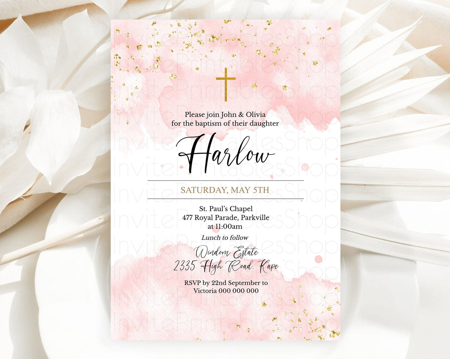 Pink Baptism Invitation Pink Watercolor Baptism 1st Birthday Invitation Pastel Pink Watercolor Christening Invite Pink Splash D10328