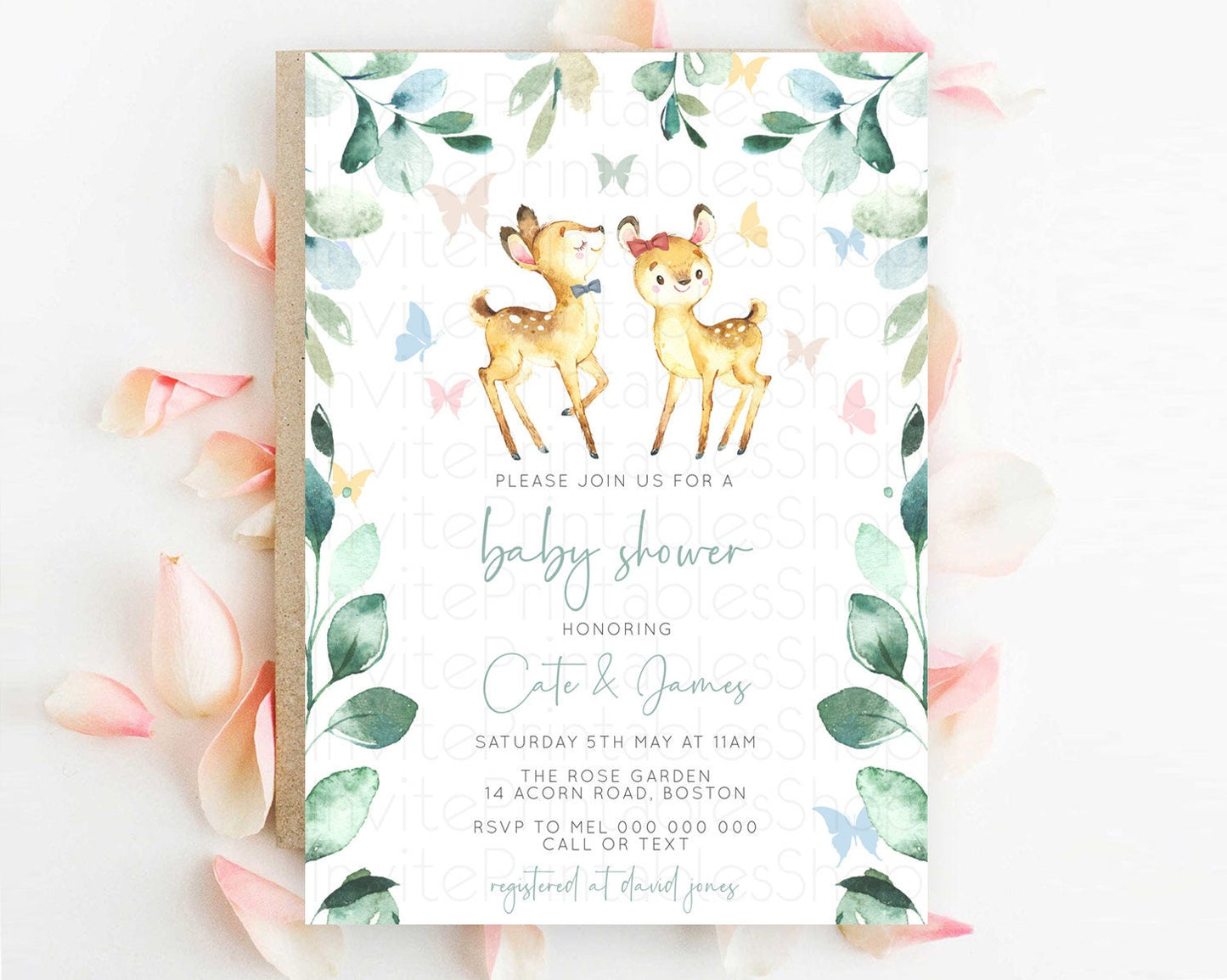 Fawn Baby Shower Invitation, Forest Deer, Butterfly, Pastel Flowers, Whimsical Theme, Rustic Greenery Woodland, Organic Pastel Colors D10767