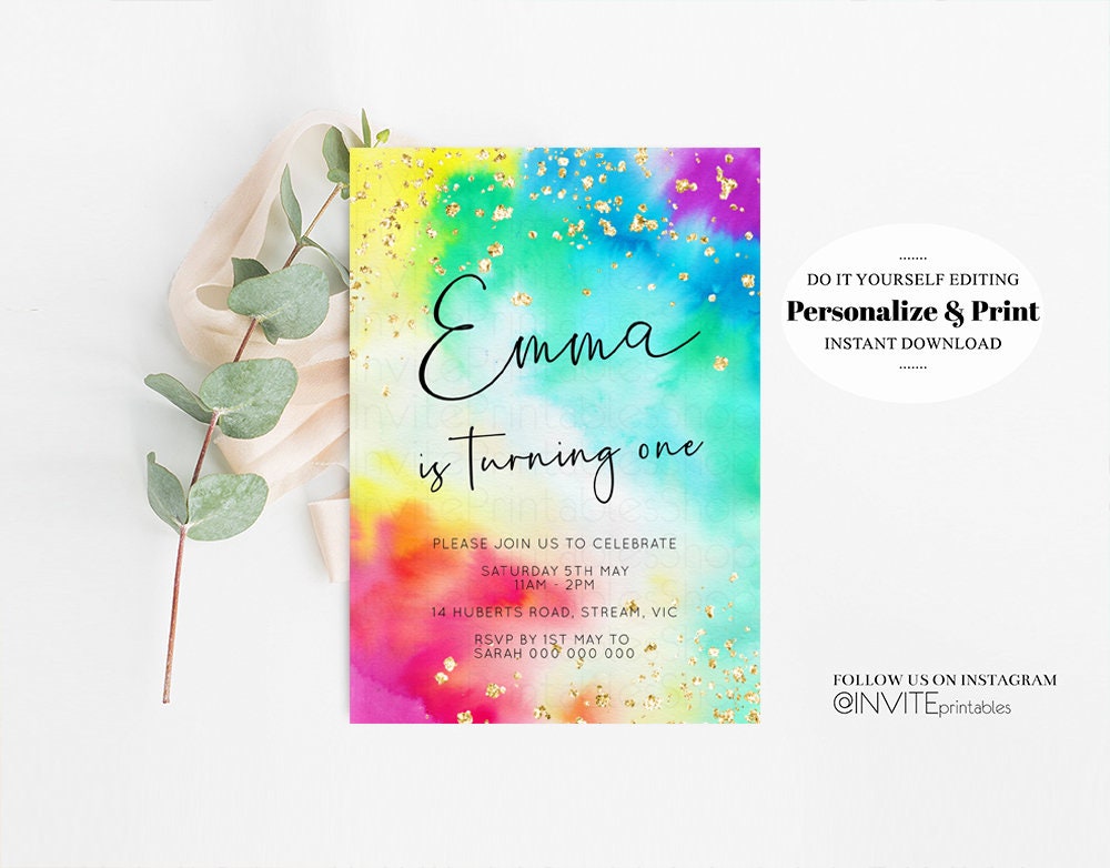 Tie Dye Rainbow Birthday Invitation Ombre Pastel Invitation Colorful Watercolor Splash Gold Glitter Sprinkles Printable Digital Invite 511