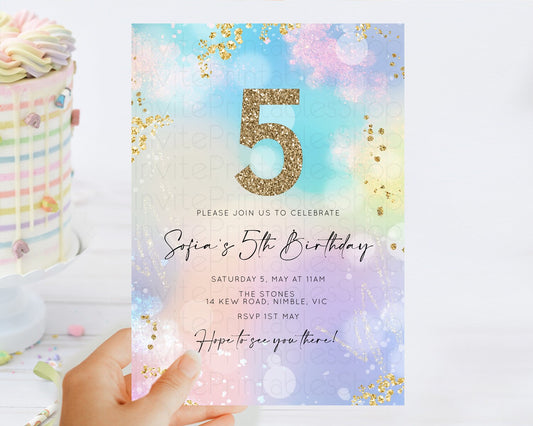 Rainbow Birthday Invitation Colorful Pastel Watercolor Invitation Gold Glitter Sprinkles Ombre Pastel 1st 2nd 3rd Birthday D10675