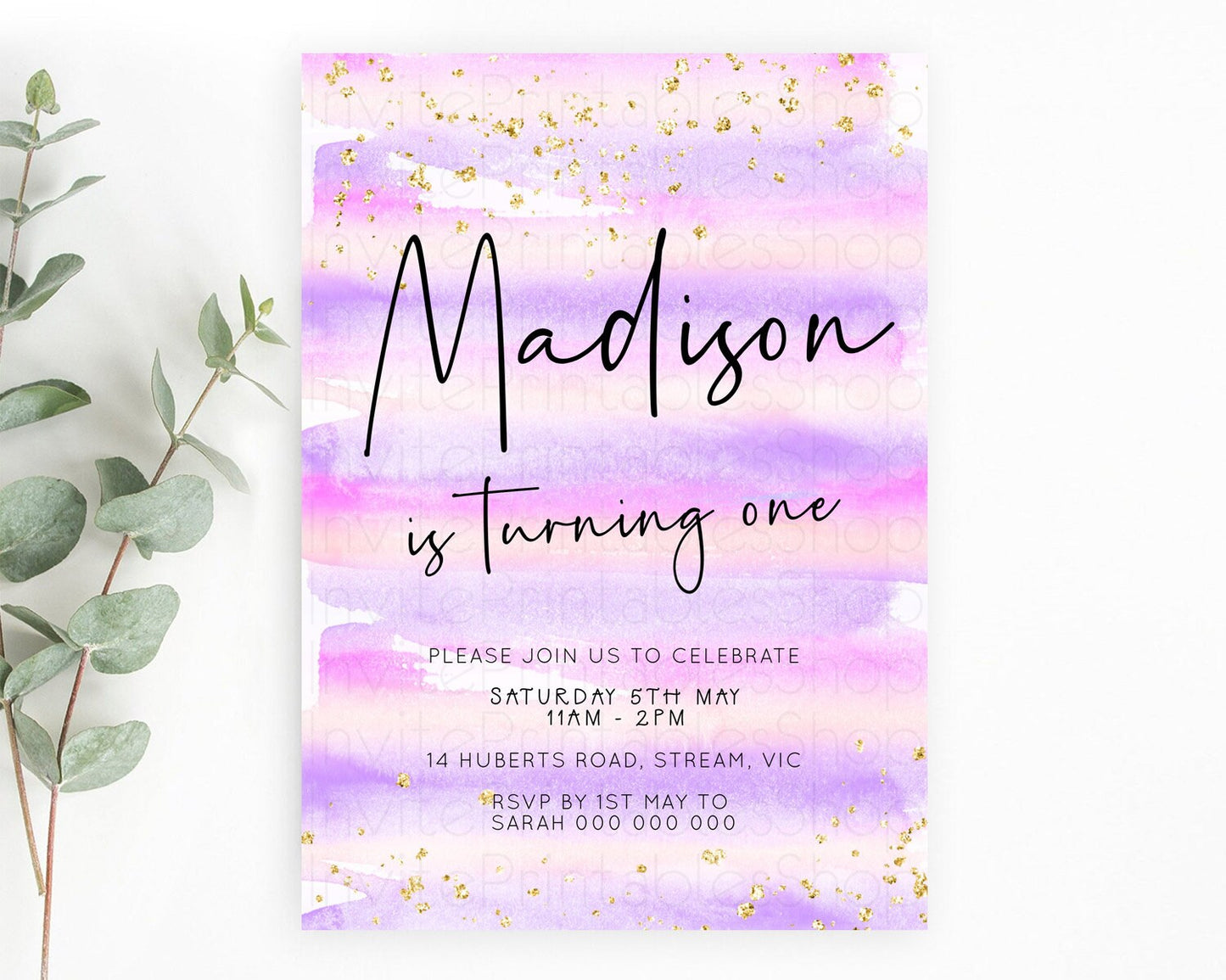 Pink Birthday Invitation pink Watercolor Invitation Pastel pink Watercolor Invitation pink Splash Gold Invitation 1st First Birthday D23035