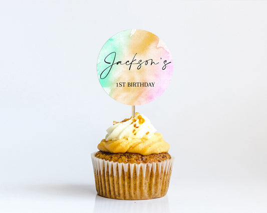 Editable Rainbow Cupcake Toppers Pastel Cupcake Toppers Colorful Pastel Wate