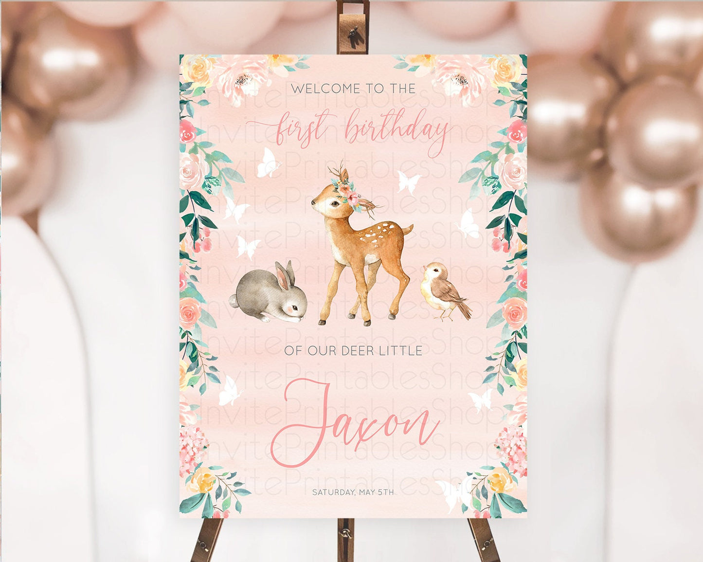 Fawn Welcome Sign Deer Welcome Board Floral Deer Welcome Poster Enchanted Forest Butterfly Pastel Floral First Birthday Welcome Sign D10921