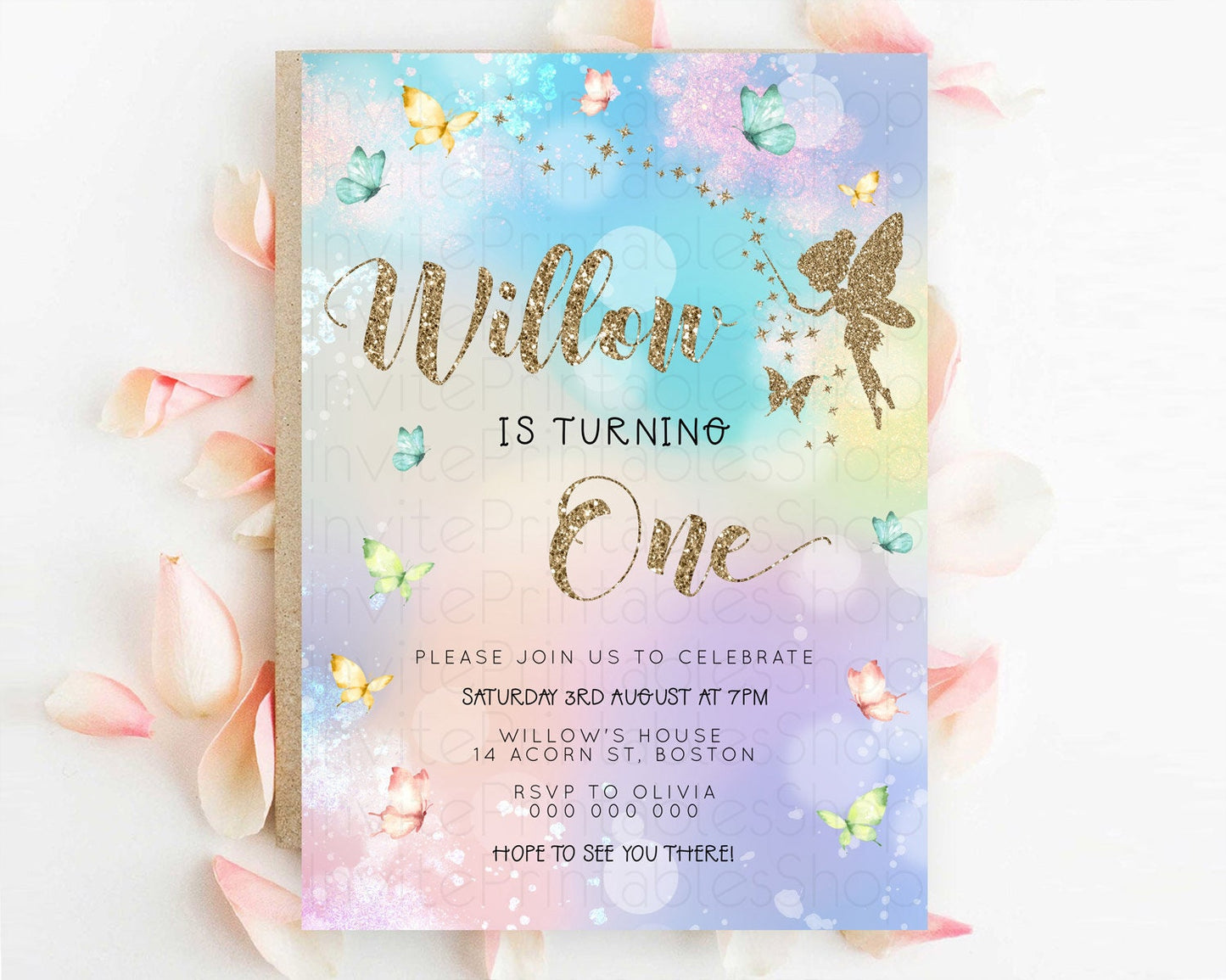 Pastel Fairy Birthday Invitation Pastel Butterflies Fairy Birthday Invitation Rainbow Ombre Watercolor 1st 2nd Birthday Invitation D23165