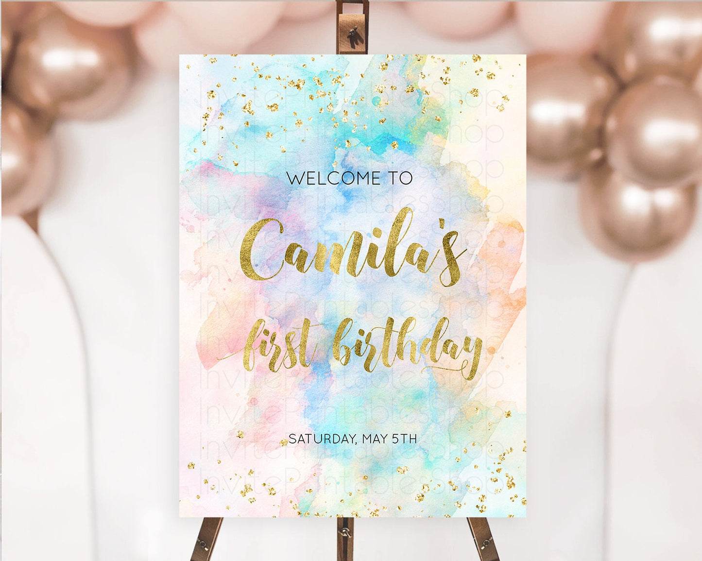 Pastel Welcome Sign Pastel Rainbow Welcome Sign Colorful Rainbow Confetti Watercolor Glitter Pastel First Birthday Welcome Sign D10272