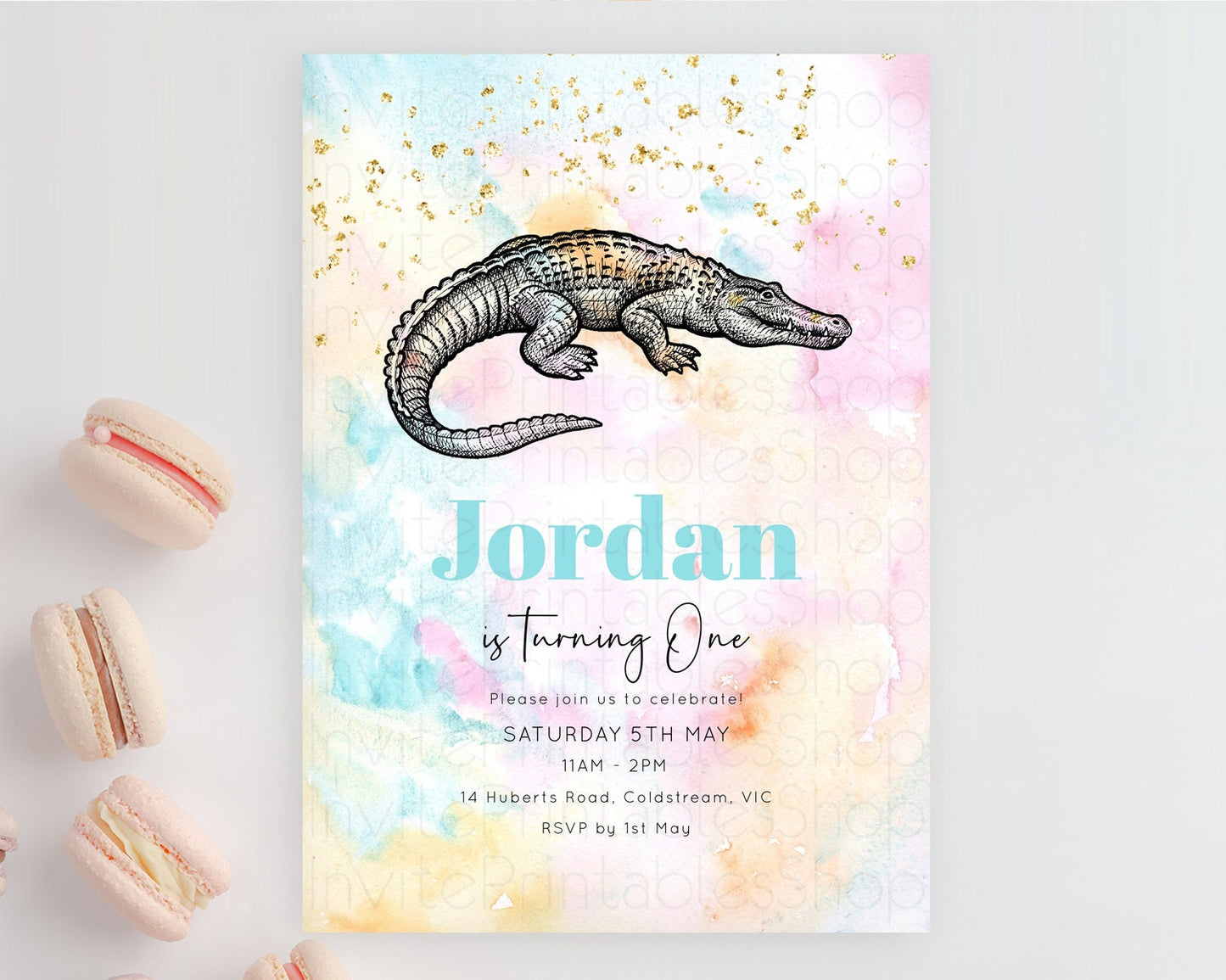 Crocodile Birthday Invitation Alligator Invitation Pastel Swamp Watercolor Alligator Crocodile Invitation Rainbow Gator Invite D10285