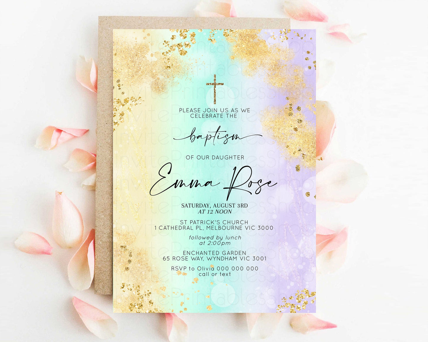 Pastel Baptism Invitation Rainbow Christening Invitation Holy Communion Invite Baptism 1st Birthday Sprinkles Ombre Watercolor Splash 706