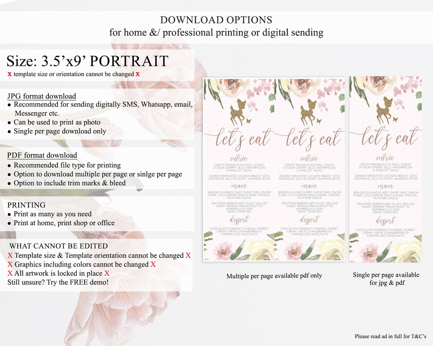 Fawn Menu Deer Menu Template Pastel Floral Deer Table Decor Enchanted Forest Butterfly Floral Dinner Dessert Menu Party Food Menu D10193