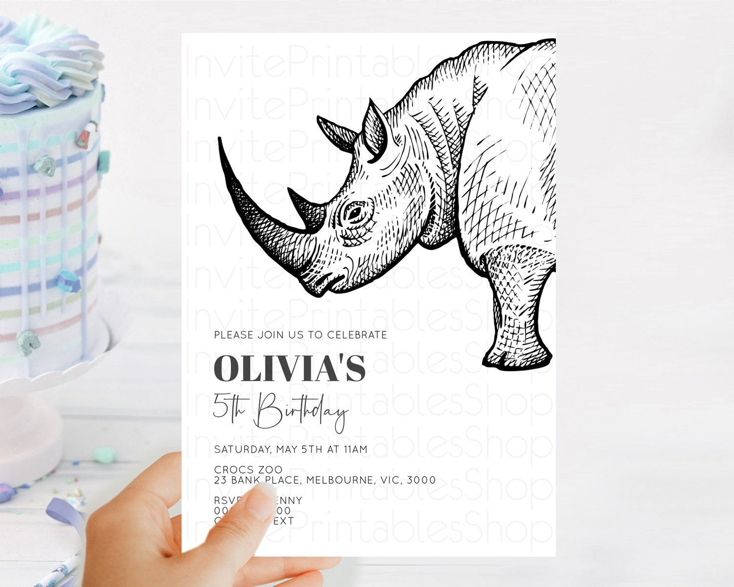 Rhino Birthday Invitation Rhino Invitation Rhino Birthday Rhino Safari Adventure Invite Rhino Palm Leaf Invite Zoo Party D10253