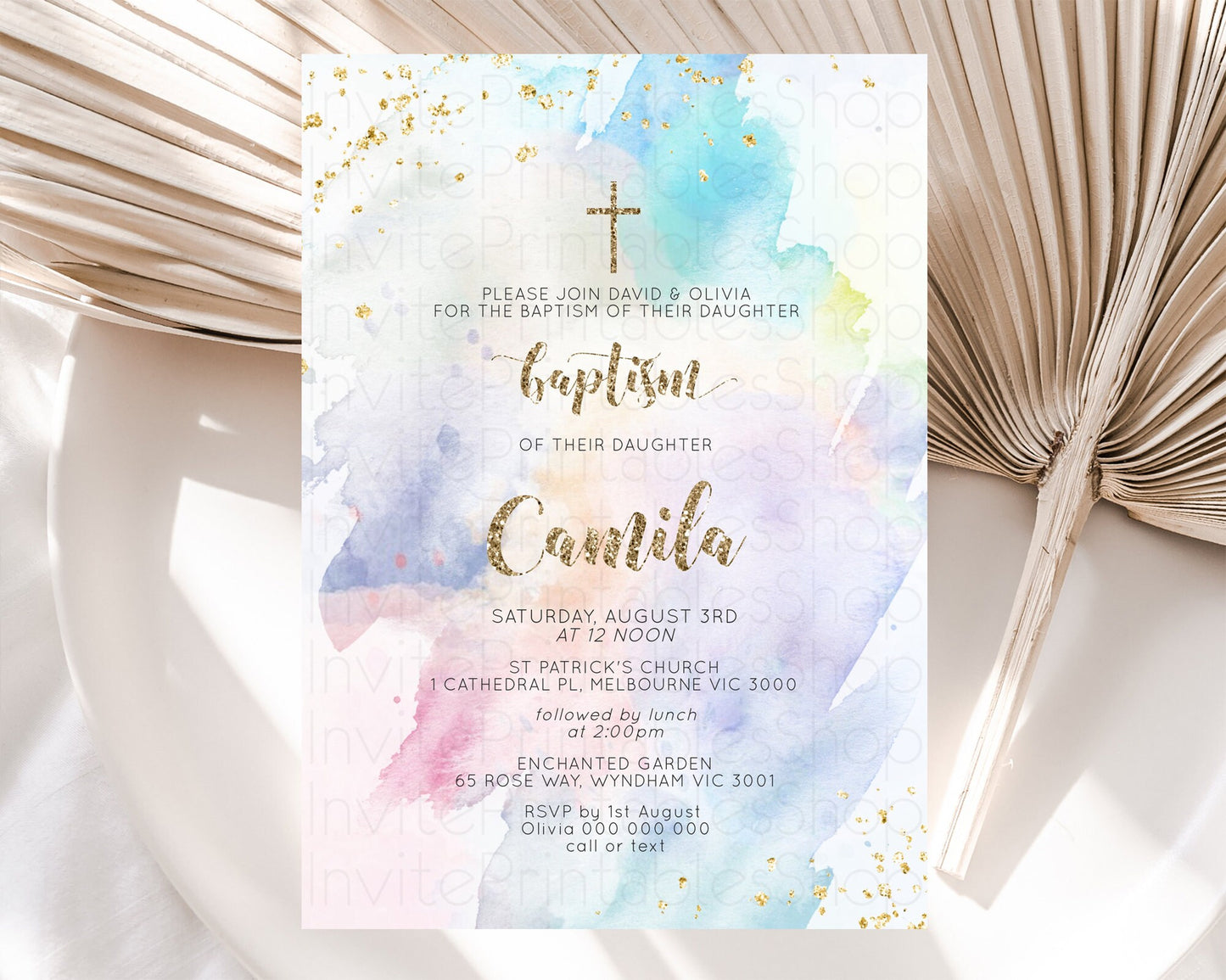 Pastel Baptism Invitation Pastel Colors Watercolor Baptism 1st Birthday Party Gold Ombre Pastel Rainbow Christening Holy Communion D10421