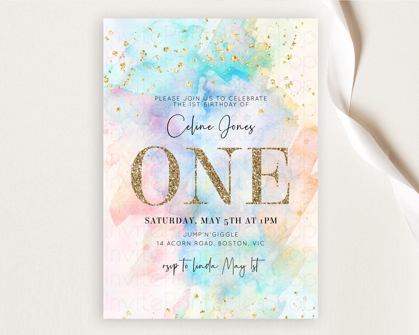 Rainbow Birthday Invitation Colorful Pastel Watercolor Invitation Gold Glitter Sprinkles Ombre Pastel 1st 2nd 3rd Birthday D10266