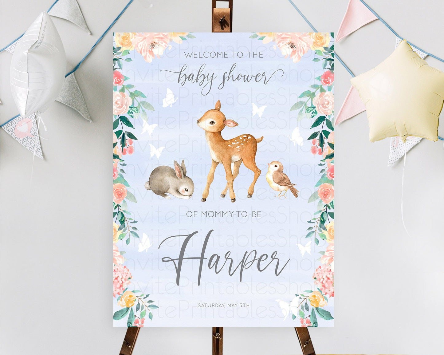 Fawn Baby Shower Welcome Sign Deer Welcome Board Floral Deer Welcome Poster Enchanted Forest Butterfly Pastel Floral Welcome Sign D10920