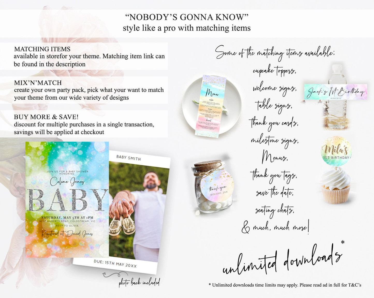 Colorful Baby Shower Invitation: Pastel Watercolor, Ombre Rainbow, Green, Orange, Blue, Silver Glitter, Iridescent Confetti Tie Dye D10692