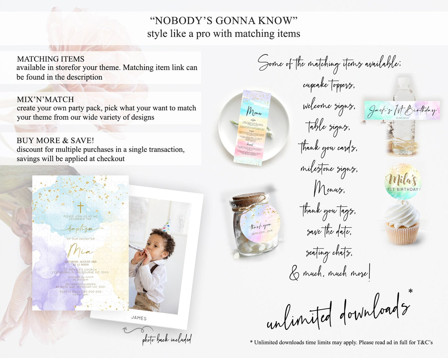 Pastel Baptism Invitation Pastel Colors Watercolor Baptism 1st Birthday Party Gold Ombre Pastel Rainbow Christening Holy Communion D10206