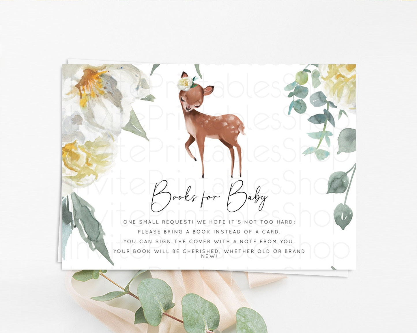 Fawn Books For Baby Card Deer Book Insert Floral Deer Book Card Enchanted Forest Butterfly Pastel Baby Shower Book Poem Request D11030