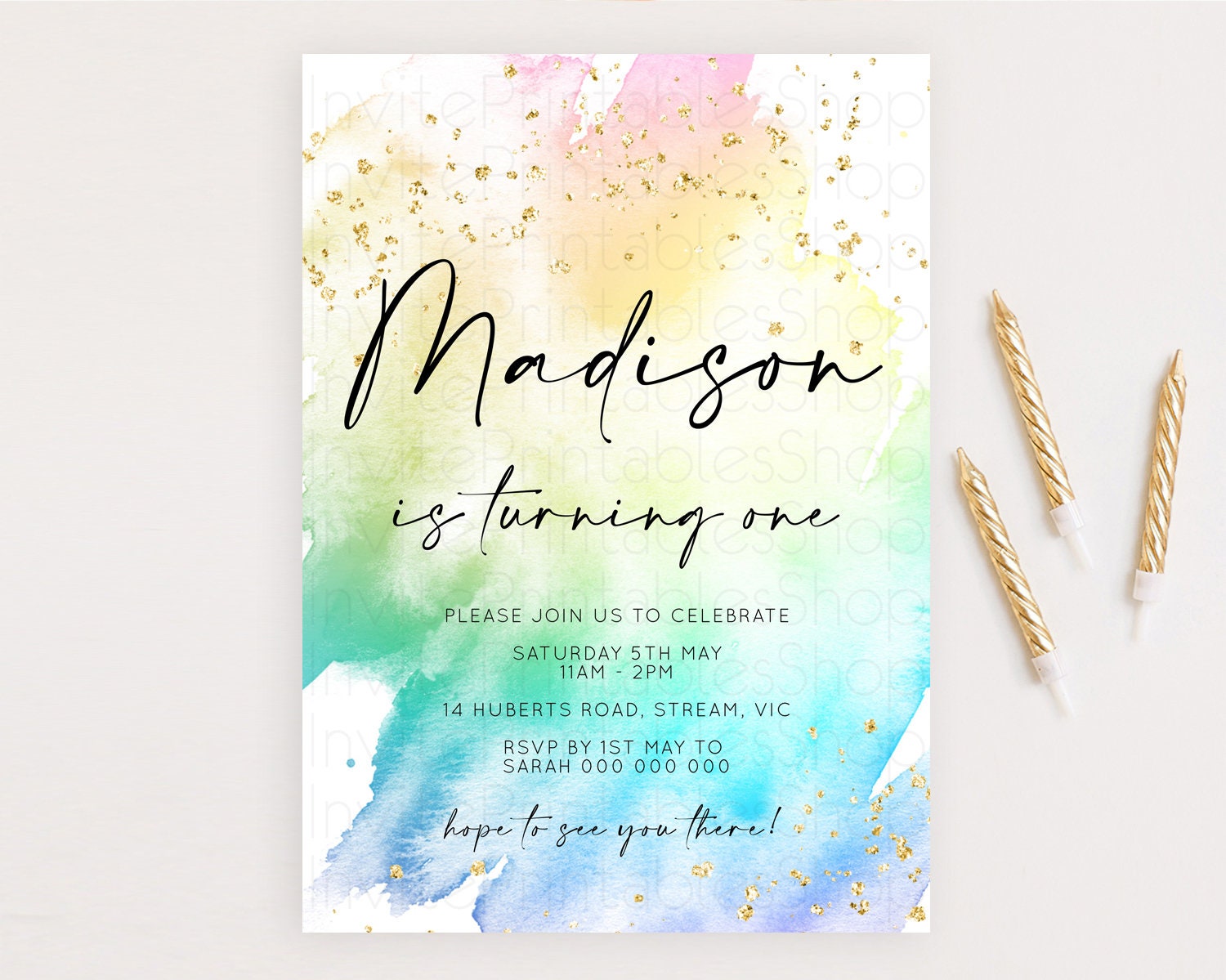 Editable Rainbow Birthday Invitation Colorful Pastel Watercolor Invitation G