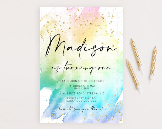 Editable Rainbow Birthday Invitation Colorful Pastel Watercolor Invitation G
