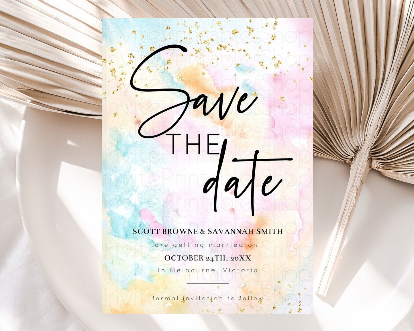 Editable Pastel Save The Date Template Pastel Ombre Rainbow Watercolor Color