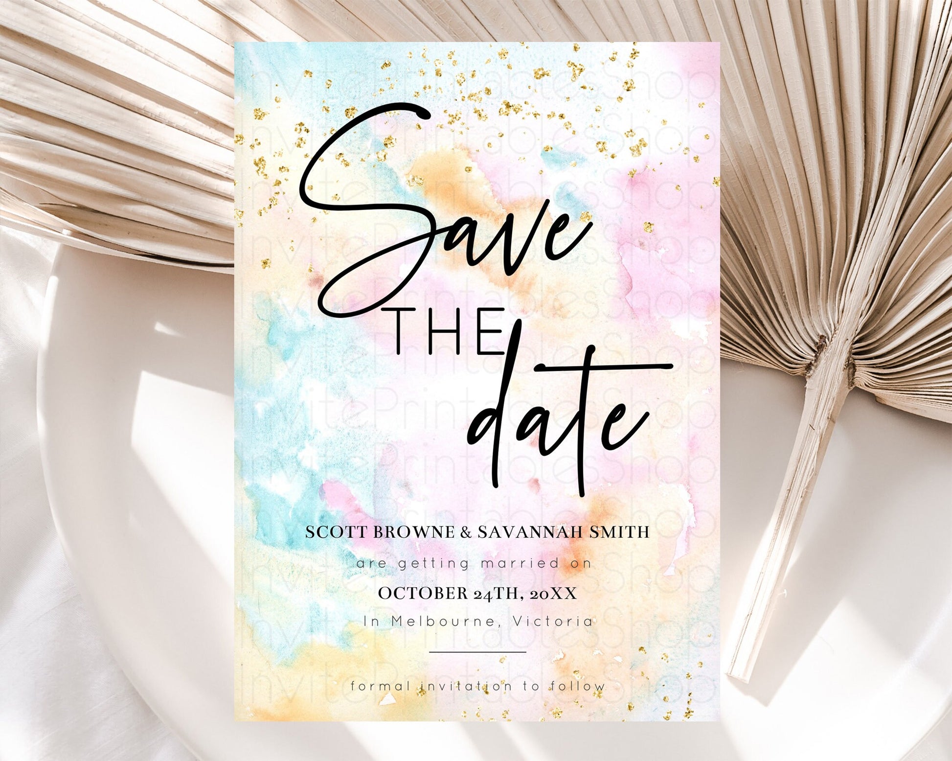 Editable Pastel Save The Date Template Pastel Ombre Rainbow Watercolor Color