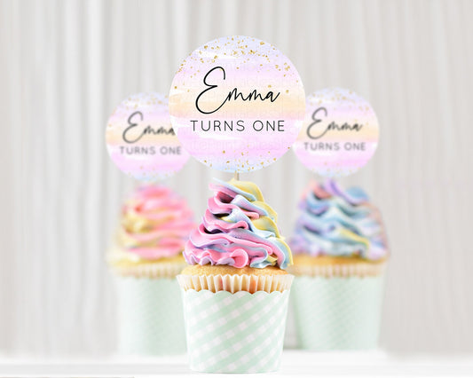 Editable Rainbow Cupcake Toppers Pastel Cupcake Toppers Colorful Pastel Wate
