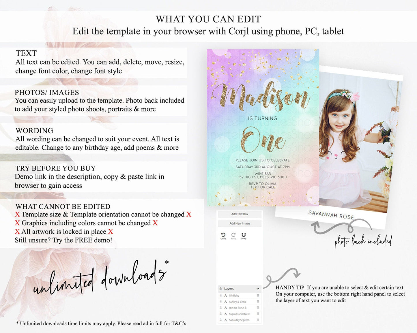 Rainbow Birthday Invitation Colorful Pastel Watercolor Invitation Gold Glitter Sprinkles Ombre Pastel 1st 2nd 3rd Birthday D10621