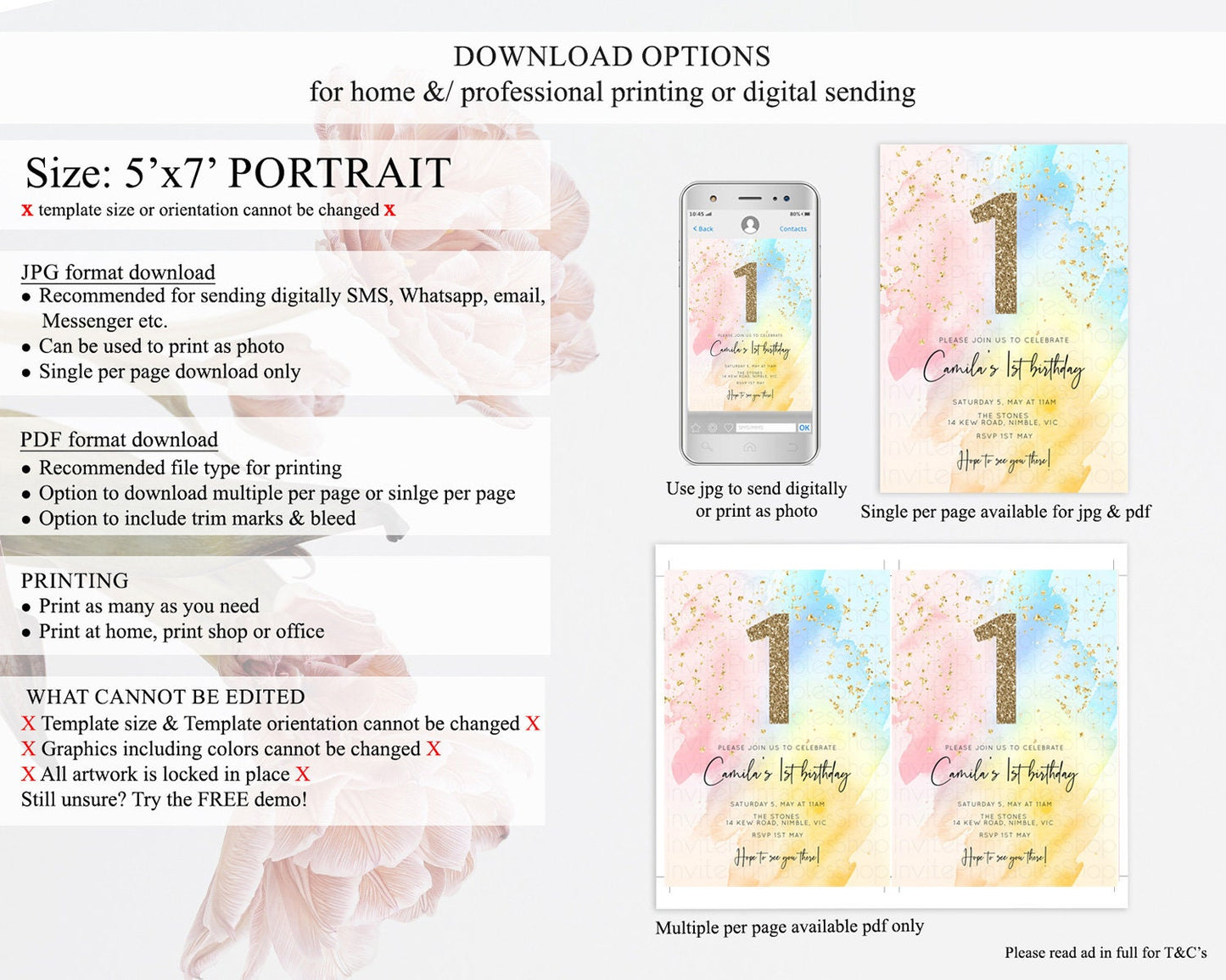 Rainbow Birthday Invitation Colorful Pastel Watercolor Invitation Gold Glitter Sprinkles Ombre Pastel 1st 2nd 3rd Birthday D10557