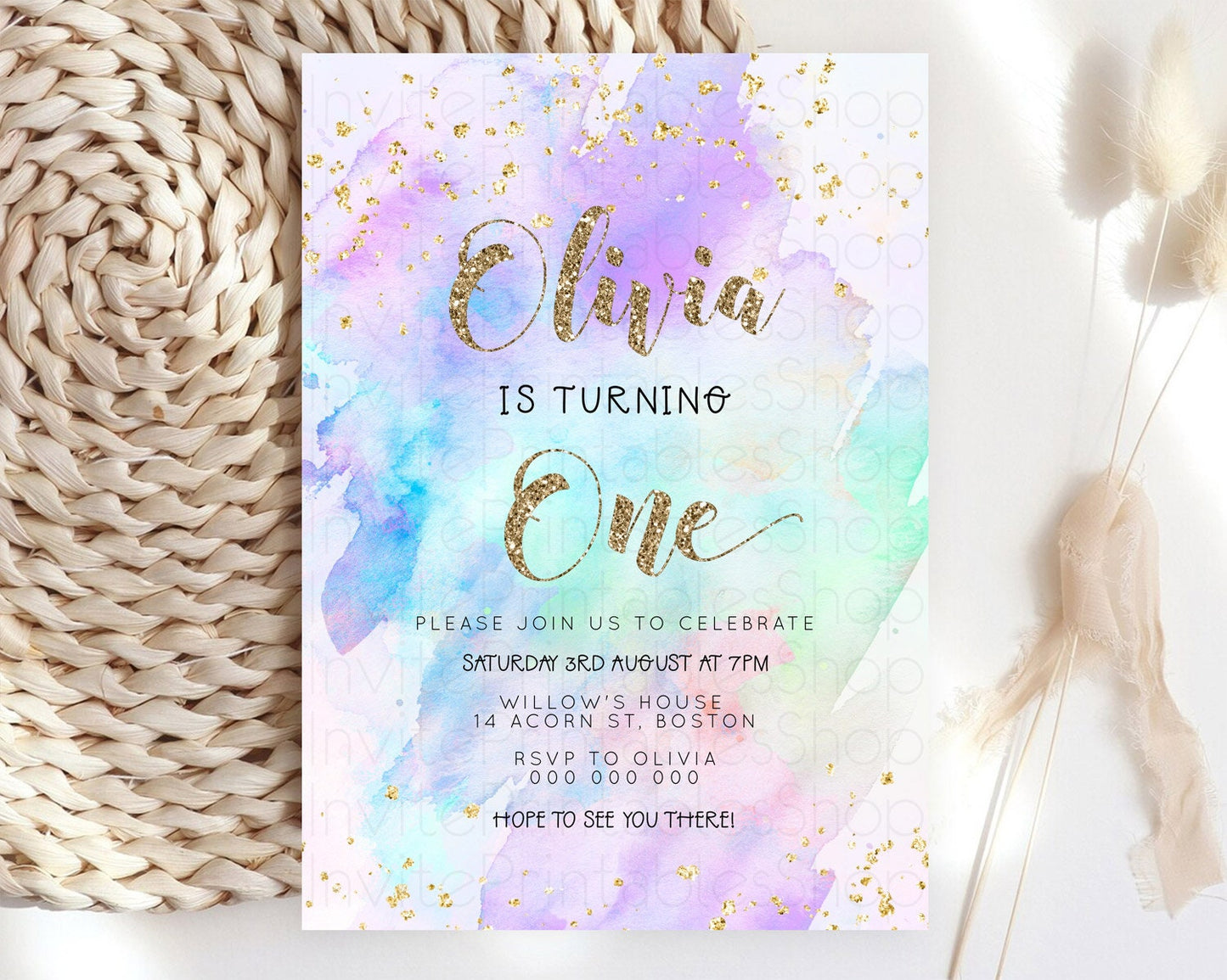 Rainbow Birthday Invitation Colorful Pastel Watercolor Invitation Gold Glitter Sprinkles Ombre Pastel 1st 2nd 3rd Birthday D23291