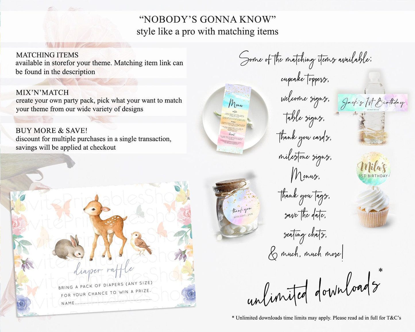 Fawn Diaper Raffle Card Deer Diaper Insert Floral Deer Diaper Ticket Enchanted Forest Butterfly Pastel Baby Shower Raffle Game D10930