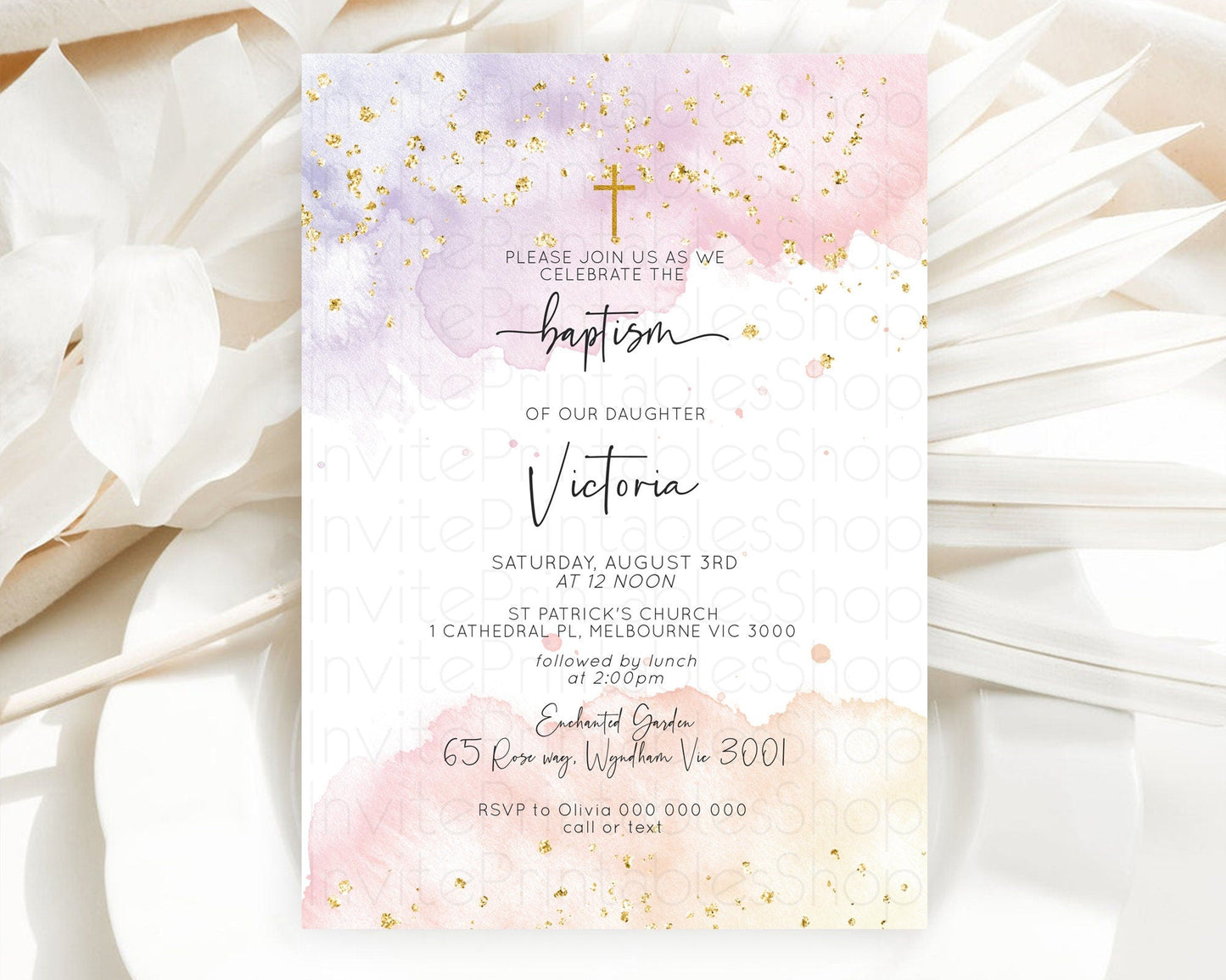 Pastel Baptism Invitation Pastel Colors Watercolor Baptism 1st Birthday Party Gold Ombre Pastel Rainbow Christening Holy Communion D10327