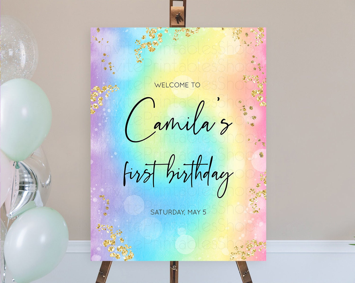 Pastel Welcome Sign Pastel Rainbow Welcome Sign Colorful Rainbow Confetti Watercolor Glitter Pastel First Birthday Welcome Sign D10568