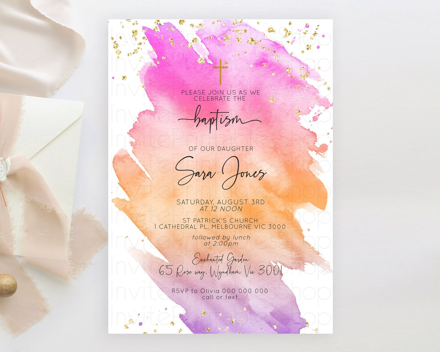 Pastel Baptism Invitation Pastel Colors Watercolor Baptism 1st Birthday Party Gold Ombre Pastel Rainbow Christening Holy Communion D10488