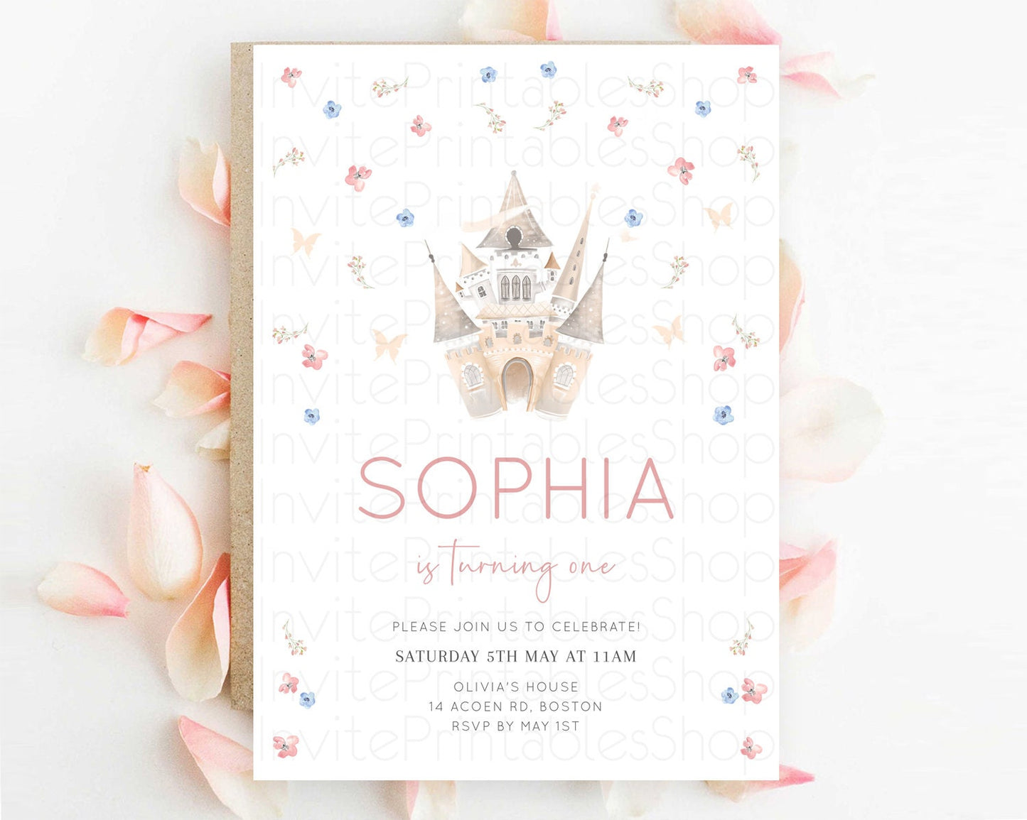 Princess Birthday Invitation Castle Invitation Royal Birthday Fairy Tale Enchanted Castle Pastel Floral Garden 1st First Birthday D10364