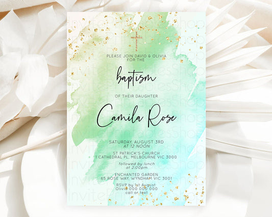 Green Baptism Invitation green Watercolor Baptism 1st Birthday Invitation Pastel Green Watercolor Christening Invite Green Splash D10170