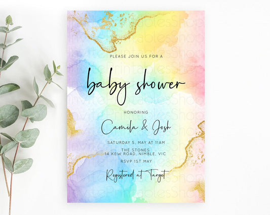 Pastel Baby Shower Invitation Rainbow Baby Shower Invitation Colorful Pastel Watercolor Invitation Gold Glitter Sprinkles Ombre D10588