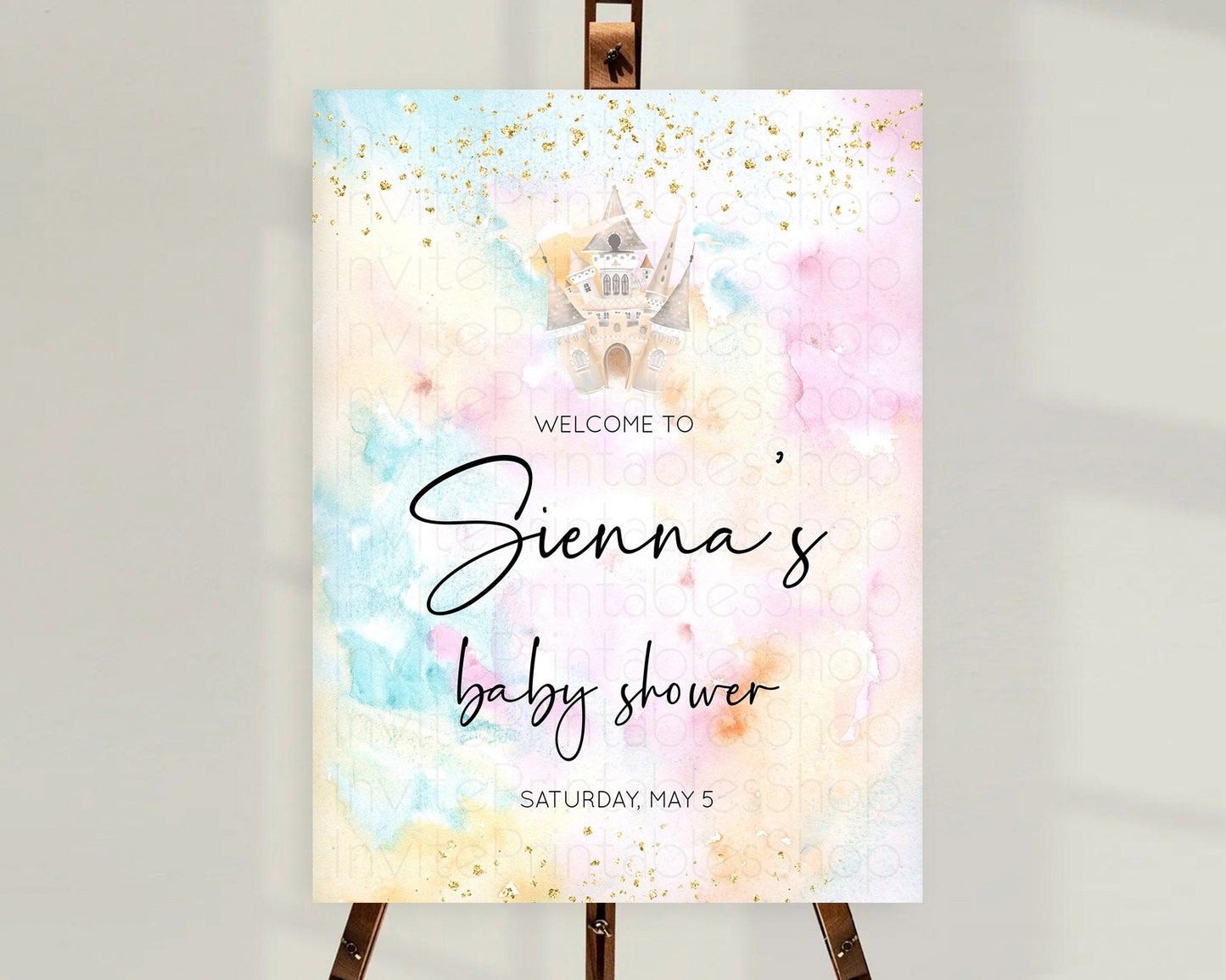 Princess Baby Shower Welcome Sign Pastel Princess Welcome Board Pastel Rainbow Colorful Enchanted Castle Watercolor Welcome Sign D11029