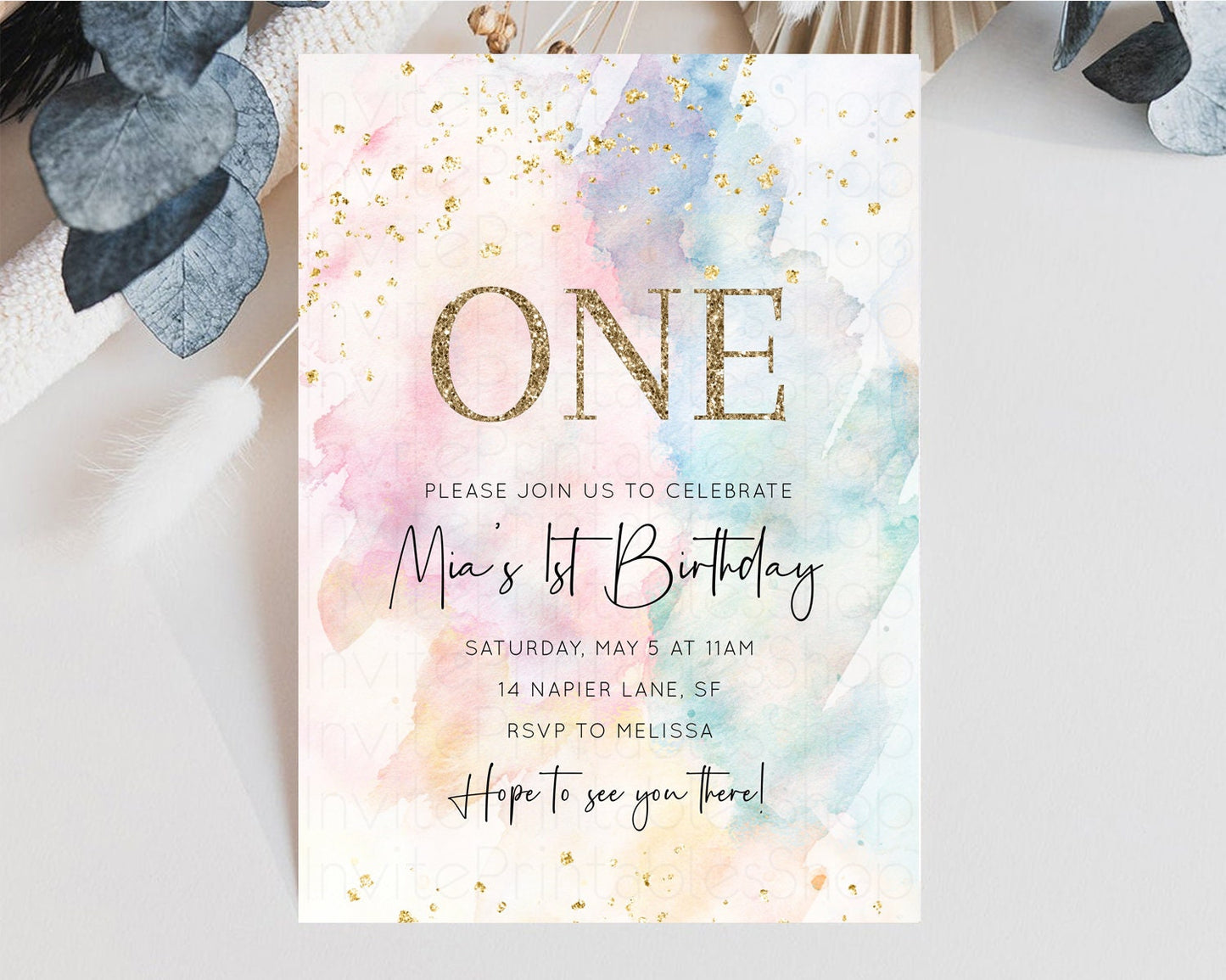 Rainbow Birthday Invitation Pastel Birthday Invitation Ombre Rainbow Invite Colorful Watercolor Invite Glitter Sprinkle 1st 2nd 3rd 276v2